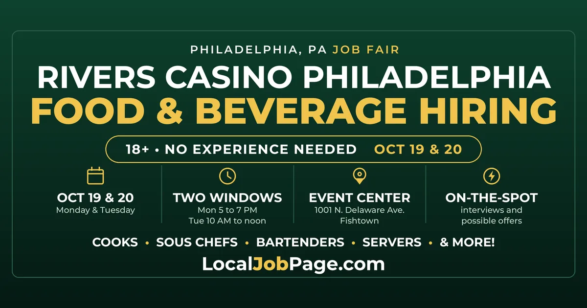 Rivers Casino Philadelphia Job Fair Oct. 19-20: Food and Beverage Jobs, On-the-Spot Offers